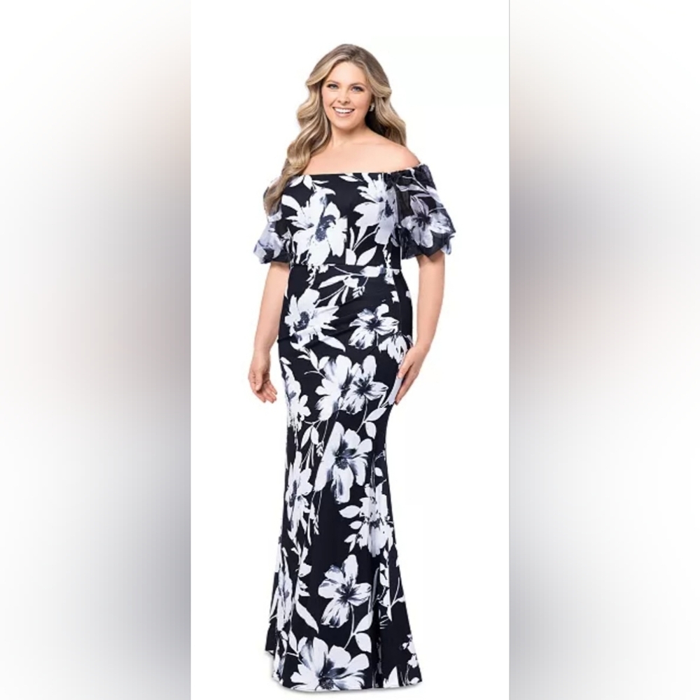 Xscape Plus Size Floral Balloon-Sleeve  Off-the-Shoulder Gown